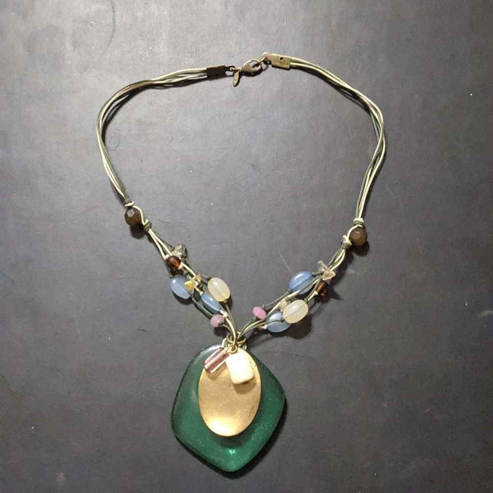 Avon Gold Tone Blue Green White Beaded Pendant Statement Necklace